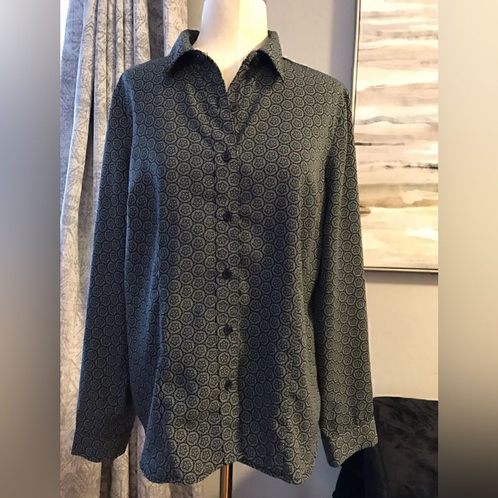 Appleseed's Geometric Print Long Sleeve Blue Button Down Dress Shirt - Sz 14